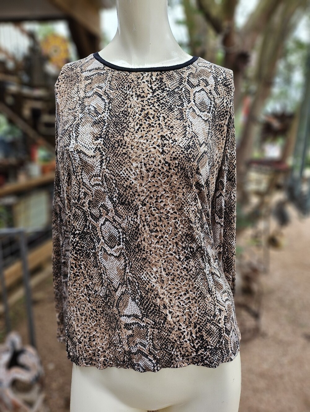 Gerard Darel Black & Tan Snakeskin Print Long Sleeve T-Shirt Size 2